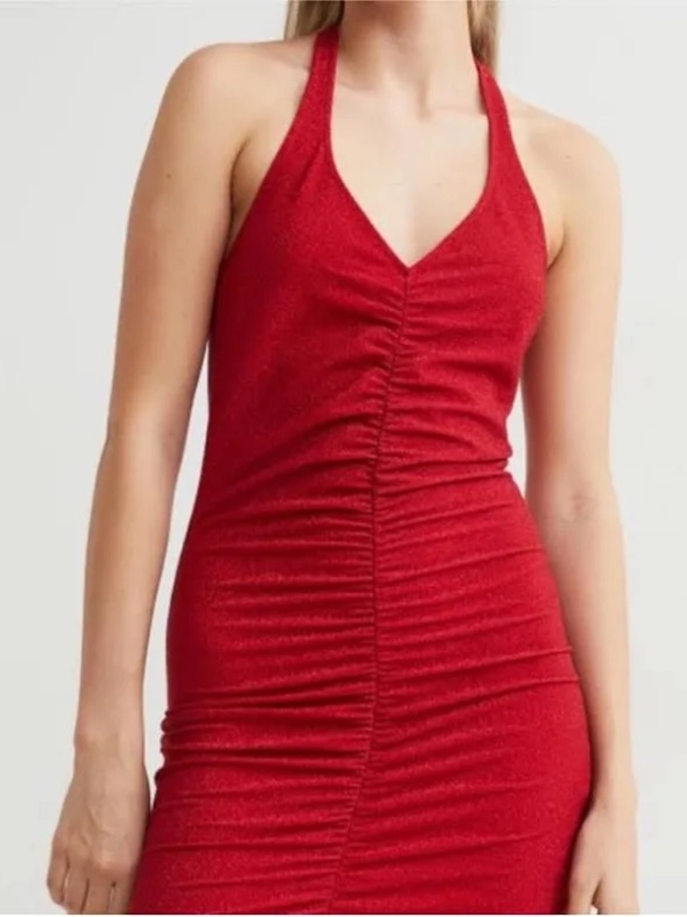 Red Halter Ruched Bodycon Dress